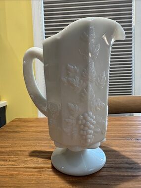 Westmoreland White Milk Glass Pedestal Pitcher with Grape Motif